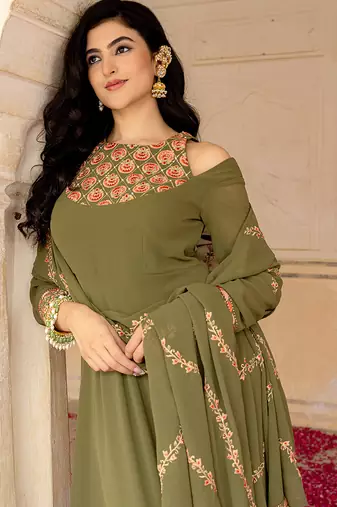 olive green georgette embroidered gown with dupatta