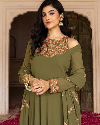 olive green georgette embroidered gown with dupatta 4