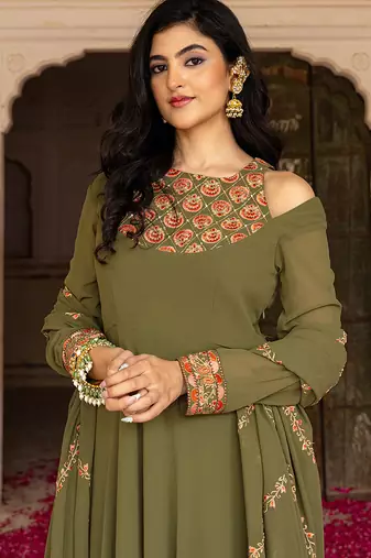 olive green georgette embroidered gown with dupatta