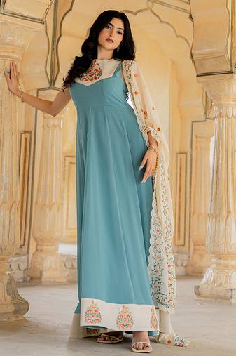 Aqua blue georgette embroidered gown with cream dupatta for festive elegance