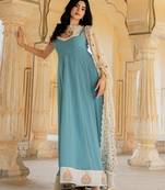 aqua blue georgette embroidered gown with dupatta