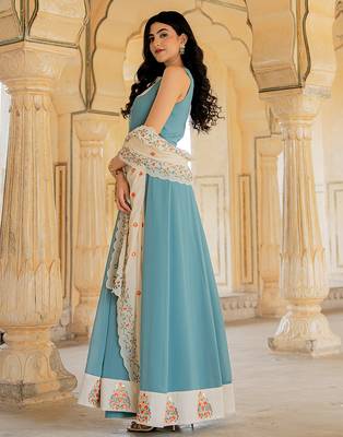 aqua blue georgette embroidered gown with dupatta 2