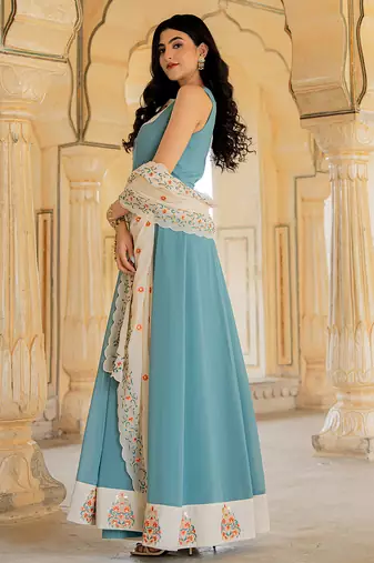aqua blue georgette embroidered gown with dupatta