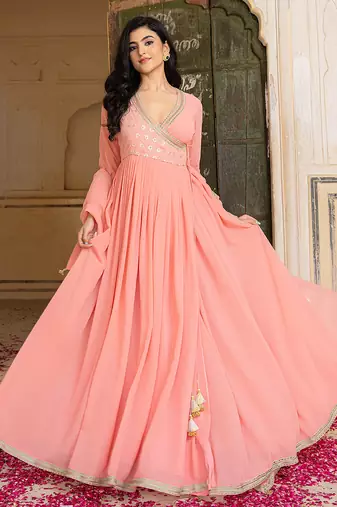 Elegant peach georgette embroidered gown with dupatta and blouse