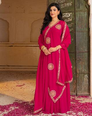 rani pink georgette gown with dupatta and embroidery work 5
