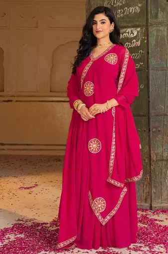 rani pink georgette gown with dupatta and embroidery work