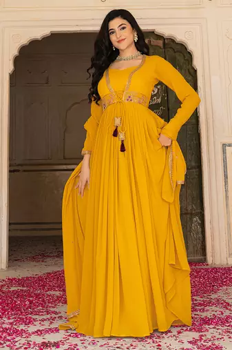 mustard yellow georgette embroidered gown with dupatta for festive elegance