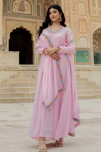 pink georgette gown with dupatta
