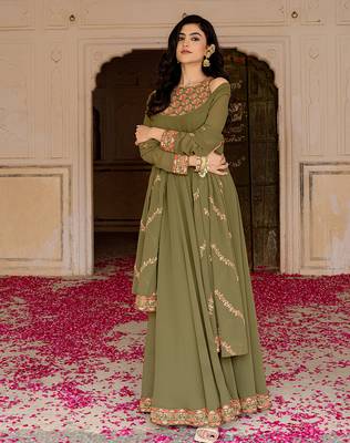 olive green georgette embroidered gown with dupatta 5