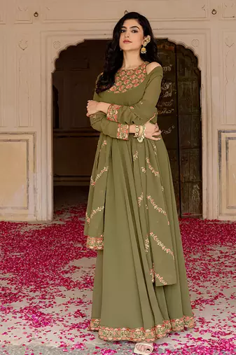 olive green georgette embroidered gown with dupatta