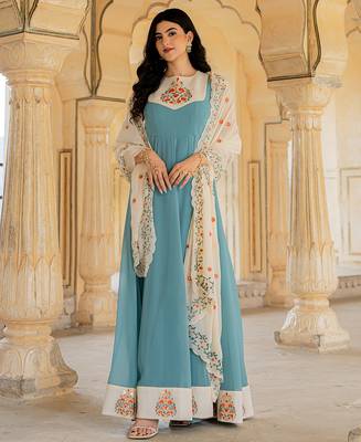 aqua blue georgette embroidered gown with dupatta 5