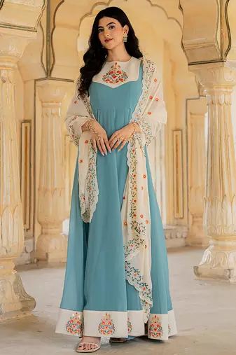 aqua blue georgette embroidered gown with dupatta