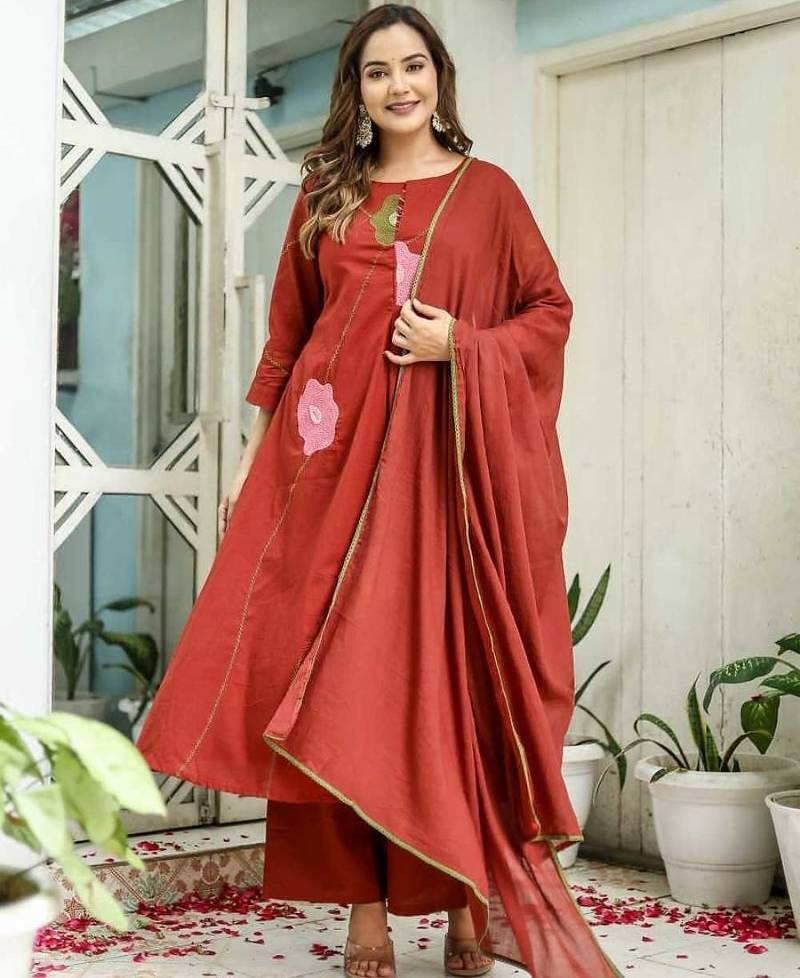 Rust orange cotton cambric a-line dyed kurti with palazzo & dupatta | embroidery, hand adda & lace work