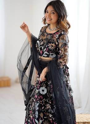 Black Color Thread Embroidery And Four Sequins Work Butterfly Net Lehenga Choli 1