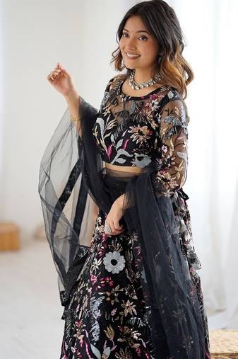Black Color Thread Embroidery And Four Sequins Work Butterfly Net Lehenga Choli