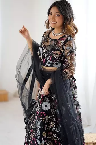 Black Color Thread Embroidery And Four Sequins Work Butterfly Net Lehenga Choli