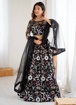 Black Color Thread Embroidery And Four Sequins Work Butterfly Net Lehenga Choli 2