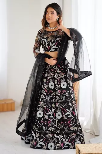 Black Color Thread Embroidery And Four Sequins Work Butterfly Net Lehenga Choli