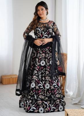 Black Color Thread Embroidery And Four Sequins Work Butterfly Net Lehenga Choli 3