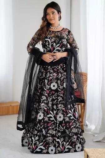 Black Color Thread Embroidery And Four Sequins Work Butterfly Net Lehenga Choli