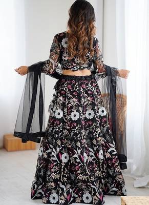Black Color Thread Embroidery And Four Sequins Work Butterfly Net Lehenga Choli 4