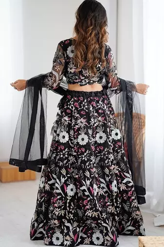 Black Color Thread Embroidery And Four Sequins Work Butterfly Net Lehenga Choli