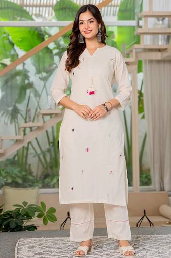 Off white embroidered cotton kurta and pant set