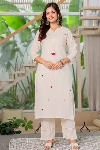 Off white embroidered cotton kurta and pant set