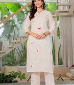 Off white embroidered cotton kurta and pant set