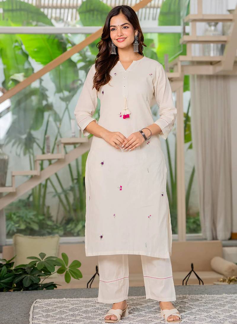 Off white embroidered cotton kurta and pant set
