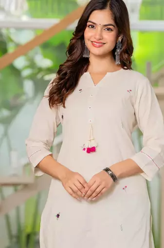 Off white embroidered cotton kurta and pant set