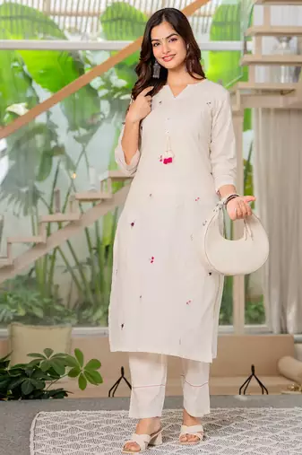 Off white embroidered cotton kurta and pant set