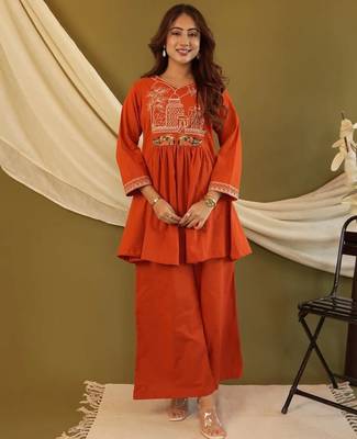 Rust orange embroidered cotton co-ord set 1