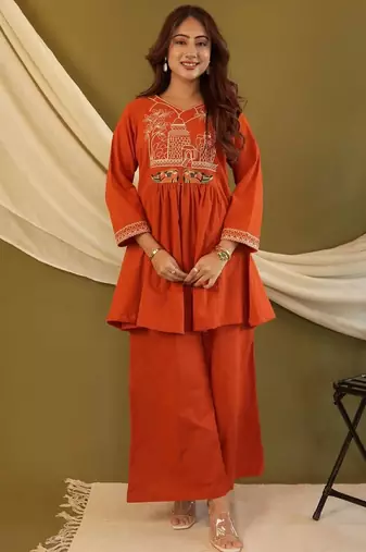 Rust orange embroidered cotton co-ord set