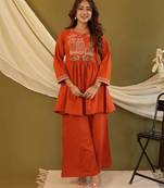 Rust orange embroidered cotton co-ord set