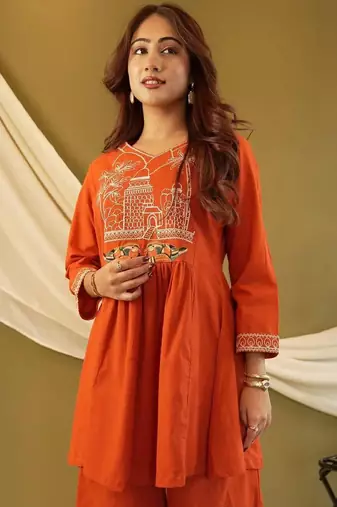 Rust orange embroidered cotton co-ord set