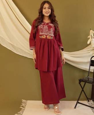 Maroon embroidered cotton co-ord set 1