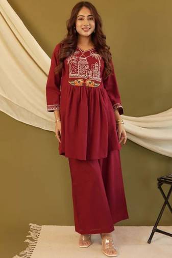 Maroon embroidered cotton co-ord set