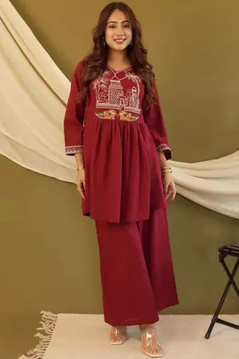 Maroon embroidered cotton co-ord set