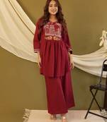 Maroon embroidered cotton co-ord set