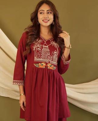 Maroon embroidered cotton co-ord set 2