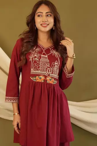 Maroon embroidered cotton co-ord set