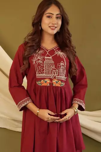 Maroon embroidered cotton co-ord set