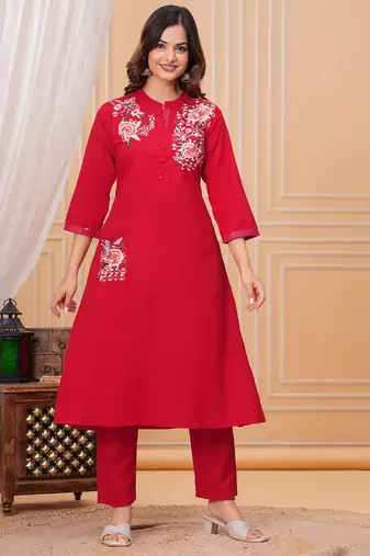 Red embroidered cotton kurta and pant set