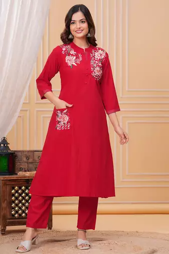 Red embroidered cotton kurta and pant set