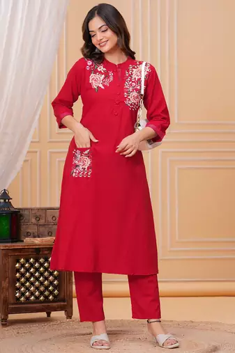 Red embroidered cotton kurta and pant set