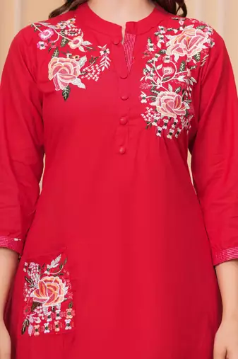 Red embroidered cotton kurta and pant set