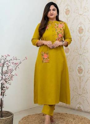 Mustard yellow embroidered cotton kurta and pant set 1