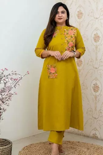 Mustard yellow embroidered cotton kurta and pant set