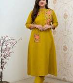 Mustard yellow embroidered cotton kurta and pant set
